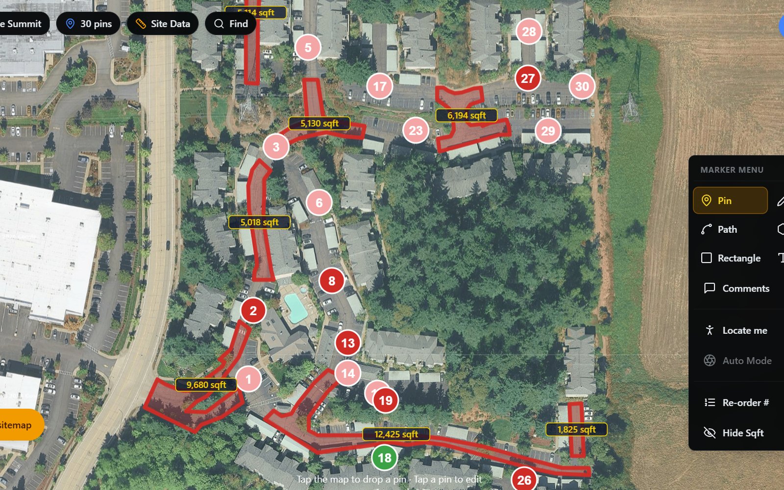 Aerial Inspection Wizard — pin-drop sitemap with auto sqft + 1-click reports